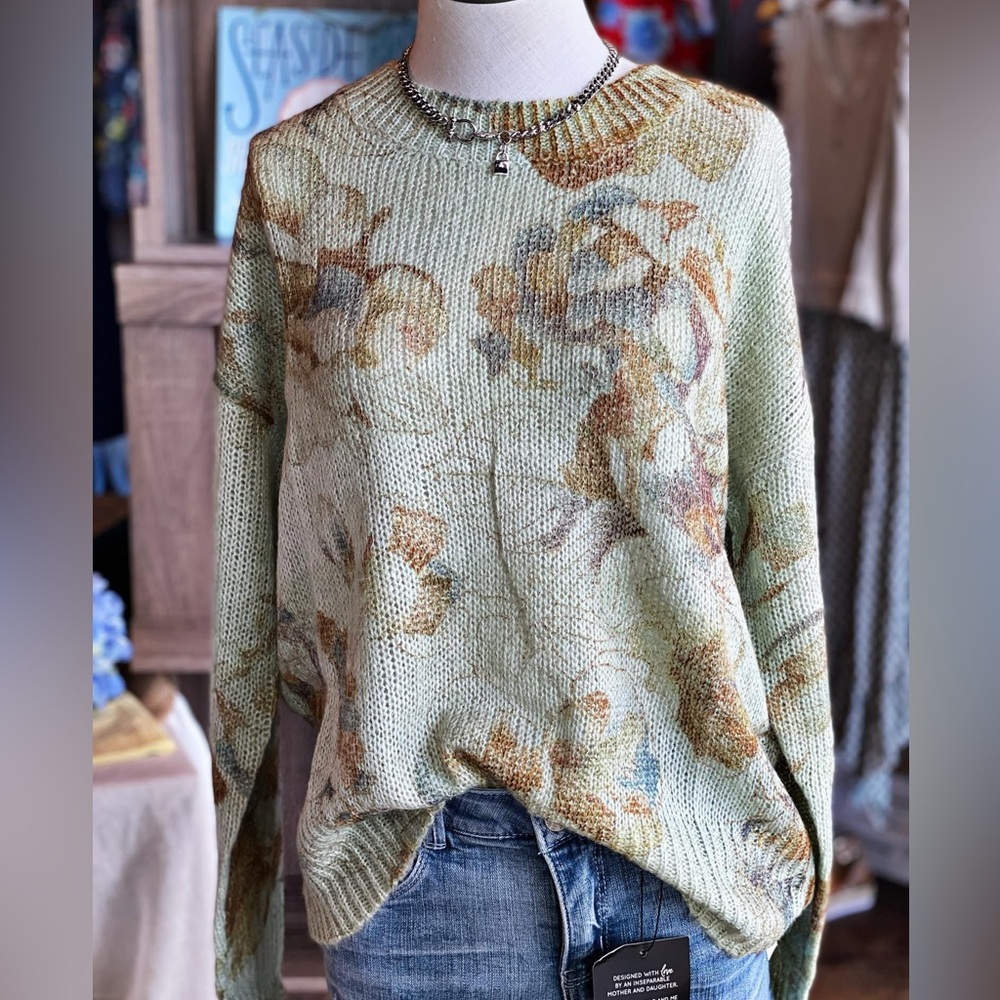 Elan Soft Green Floral Knitted Sweater
